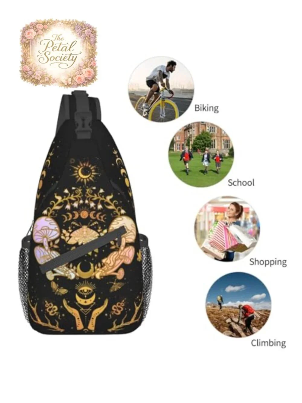 Witchy Crossbody Sling Bag with Moth Moon Mushroom Print, Polyester Travel Bag